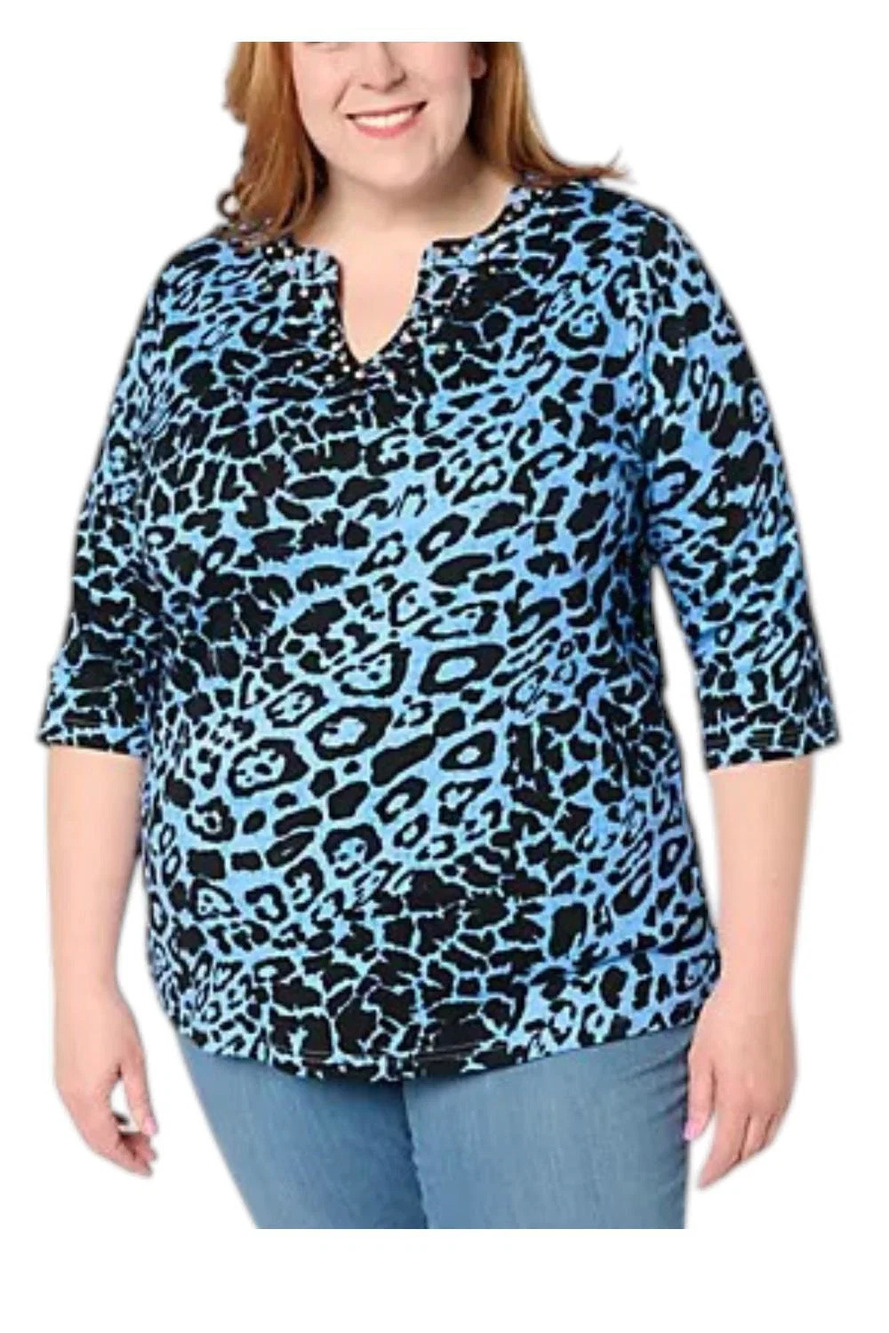 Quacker Factory Women's Angel's Wild Side 3/4 Slv Knit Top Blue/Blk - Regular